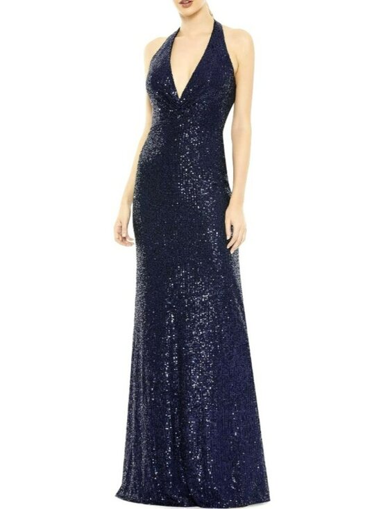 Mac Duggal Navy Sequins Halter Backless Maxi Formal Gown Dress Size 6 NEW - Picture 2 of 9